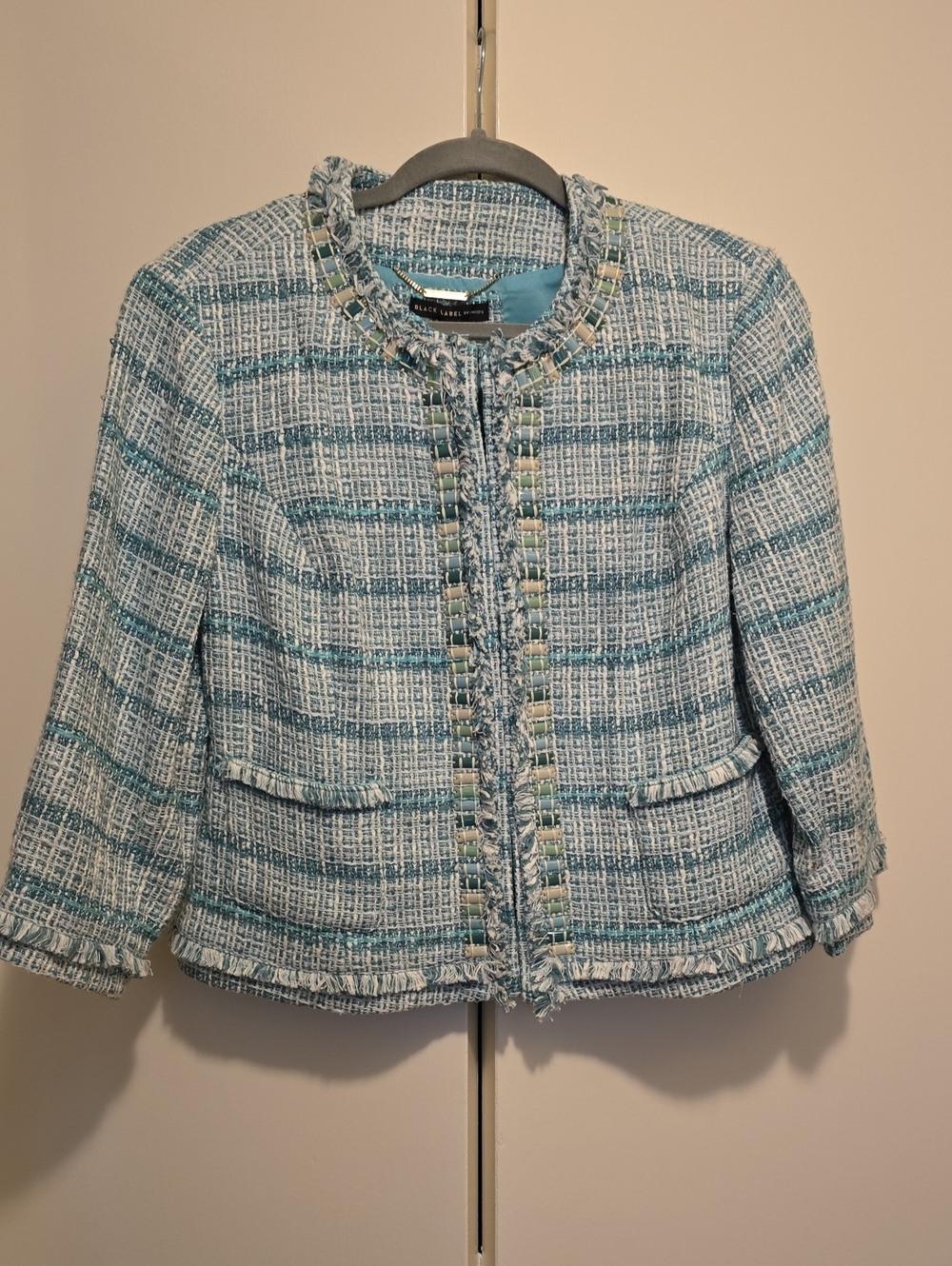 Black Label Aqua & White Tweed Cropped Blazer